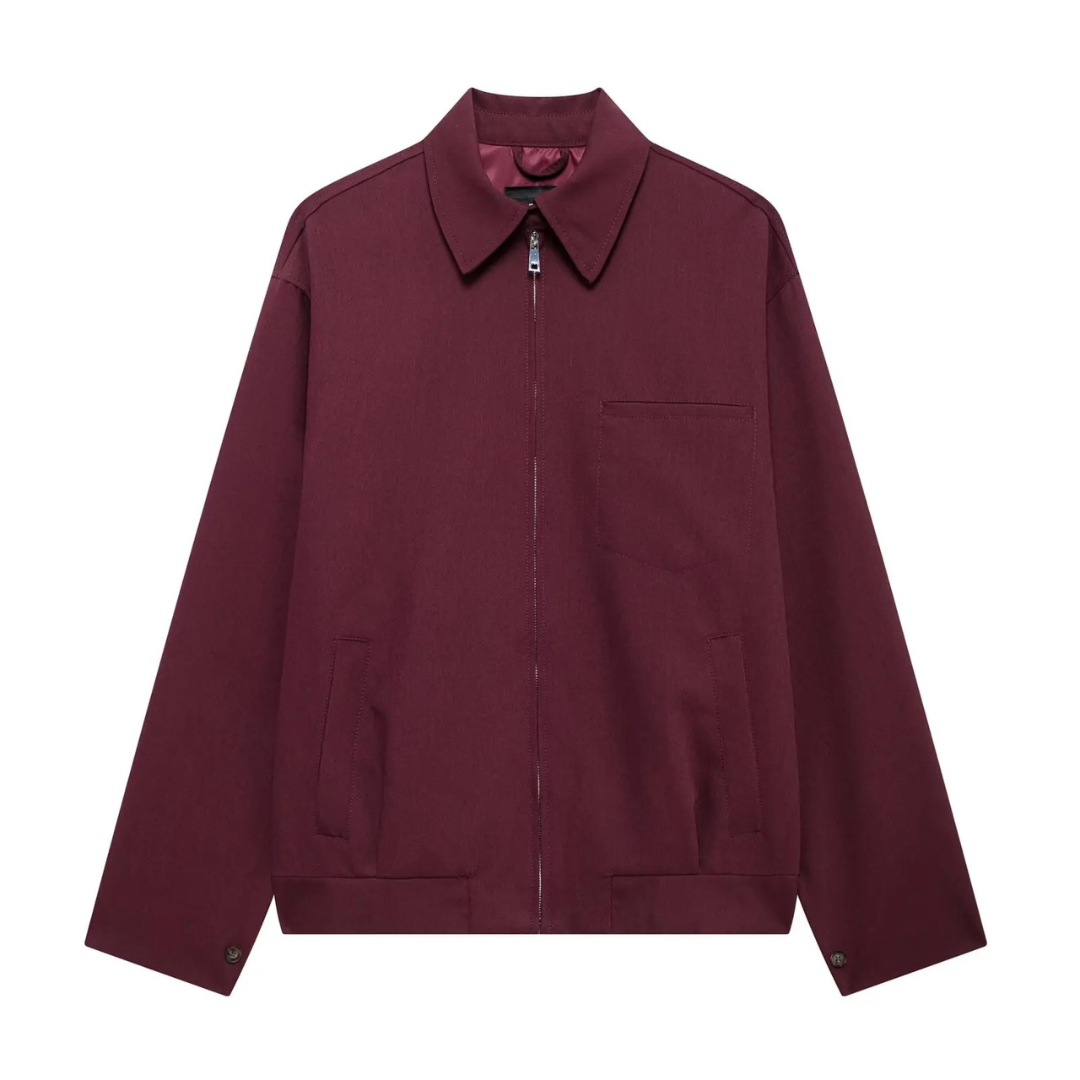 Damenjacke mit entspanntem Kragen – Minimalistische Weinrote Reißverschlussjacke