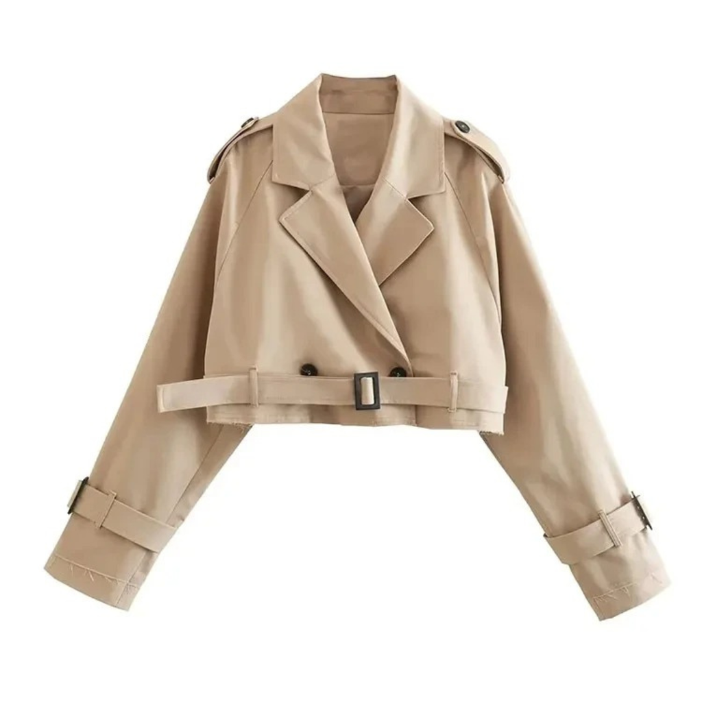 Damen Cropped Trenchcoat – Kurz geschnittener, doppelreihiger Mantel mit Gürtel