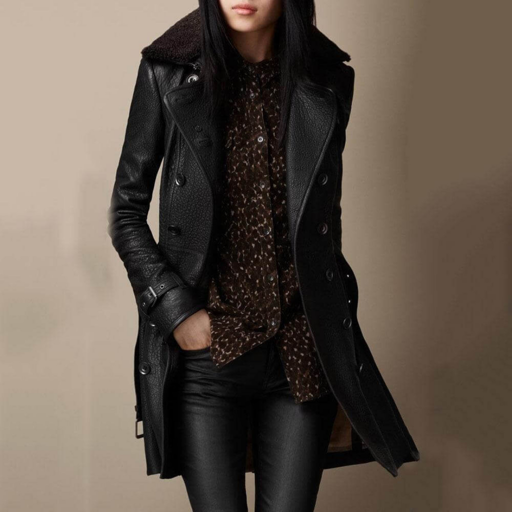 Mantel Damen 3/4 Länge mit Tailliertem Schnitt in Lederoptik – NoirÉlégance Coat