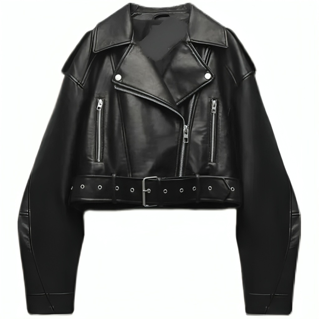 Damen Bikerjacke aus Kunstleder – Stormline Cropped Moto Jacke mit Gürtel