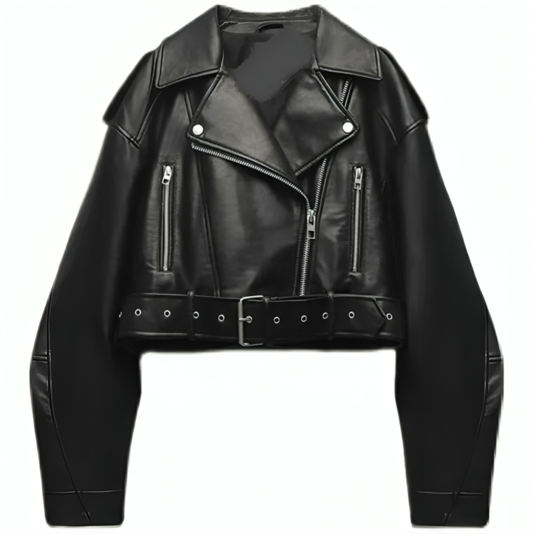 Damen Bikerjacke aus Kunstleder – Stormline Cropped Moto Jacke mit Gürtel