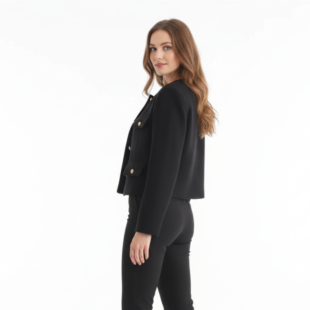 Damen Cropped Bouclé-Tweed-Jacke – Eleganter Cardigan-Blazer mit Goldknöpfen