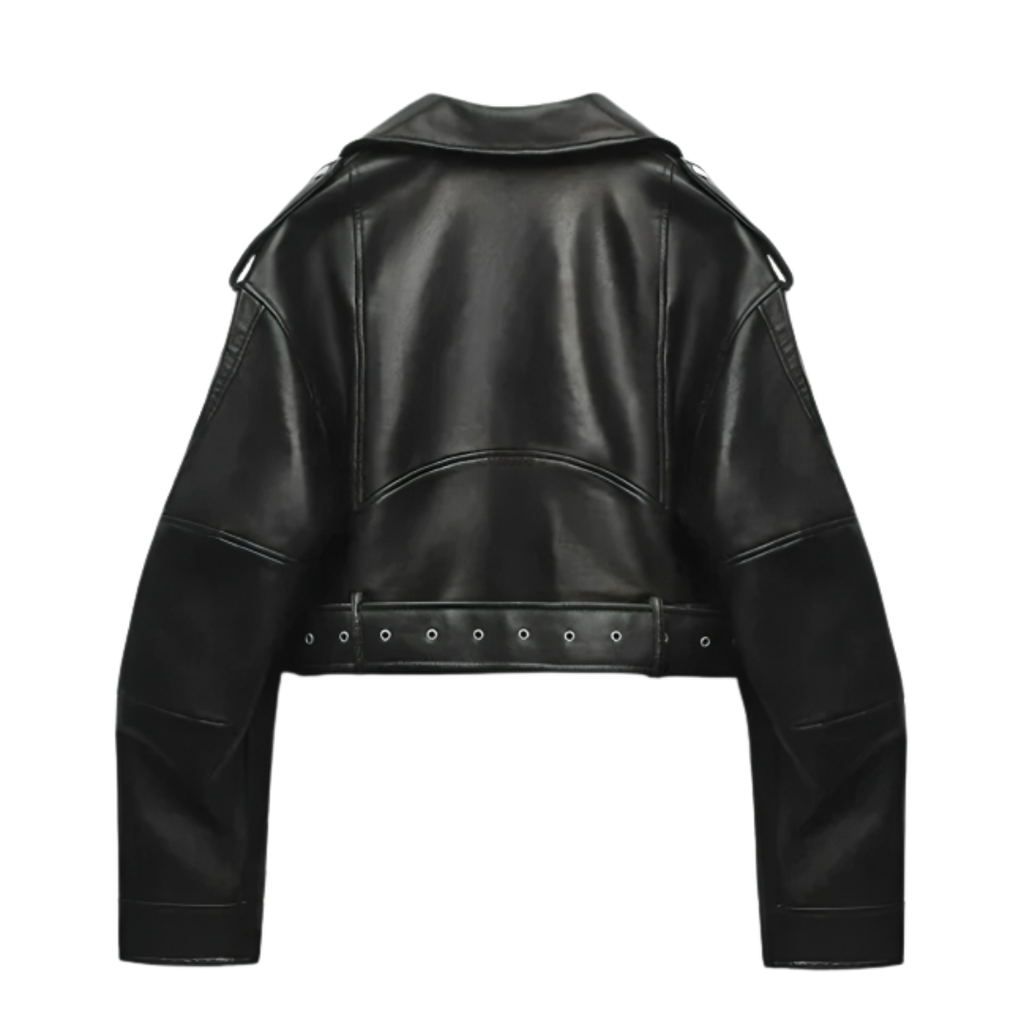 Damen Bikerjacke aus Kunstleder – Stormline Cropped Moto Jacke mit Gürtel