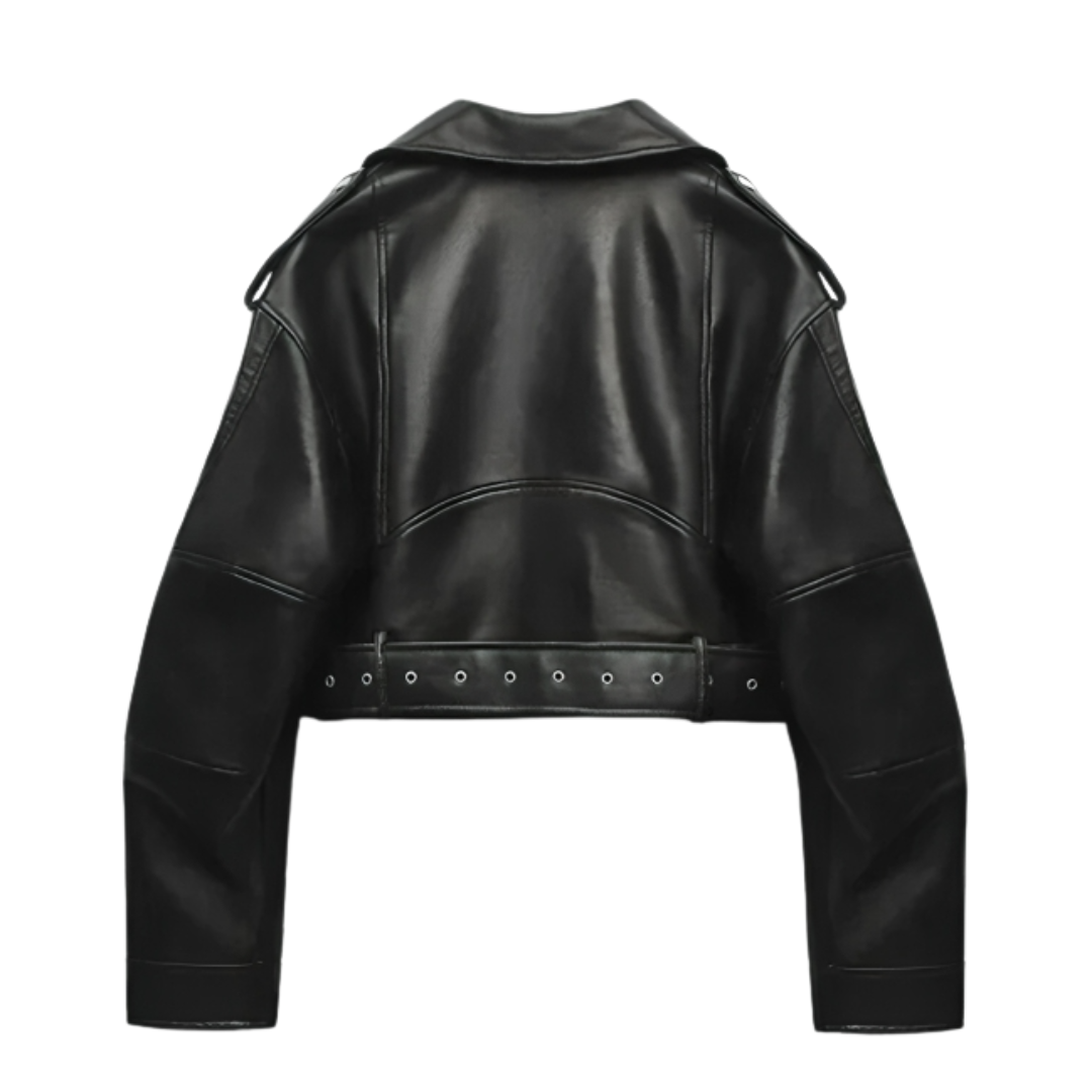 Damen Bikerjacke aus Kunstleder – Stormline Cropped Moto Jacke mit Gürtel