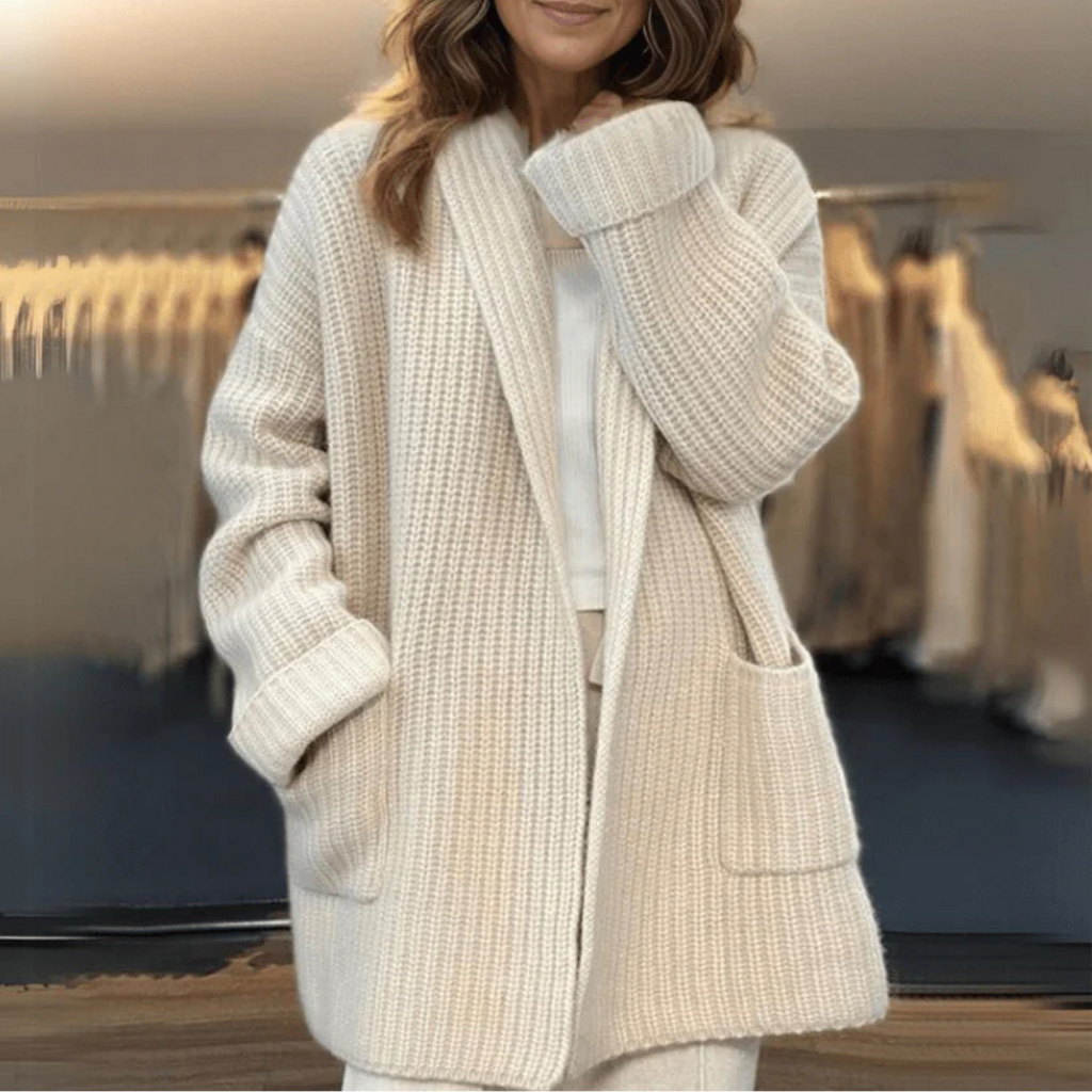 Pullover-Strickjacke lang mit elegantem Schnitt & offener Front – CozyCharm Cardigan