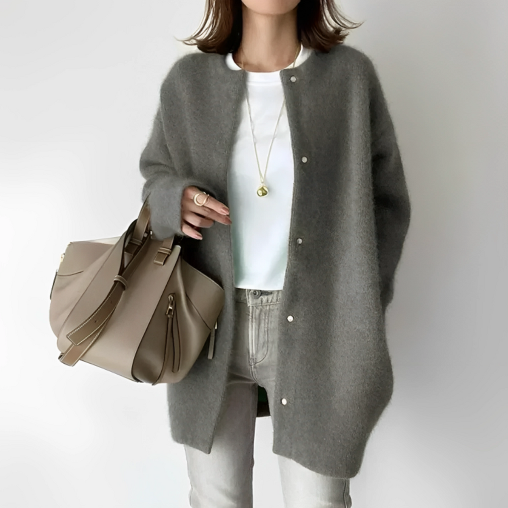 Damen langer Strickmantel – Weiche, geknöpfte Strickjacke