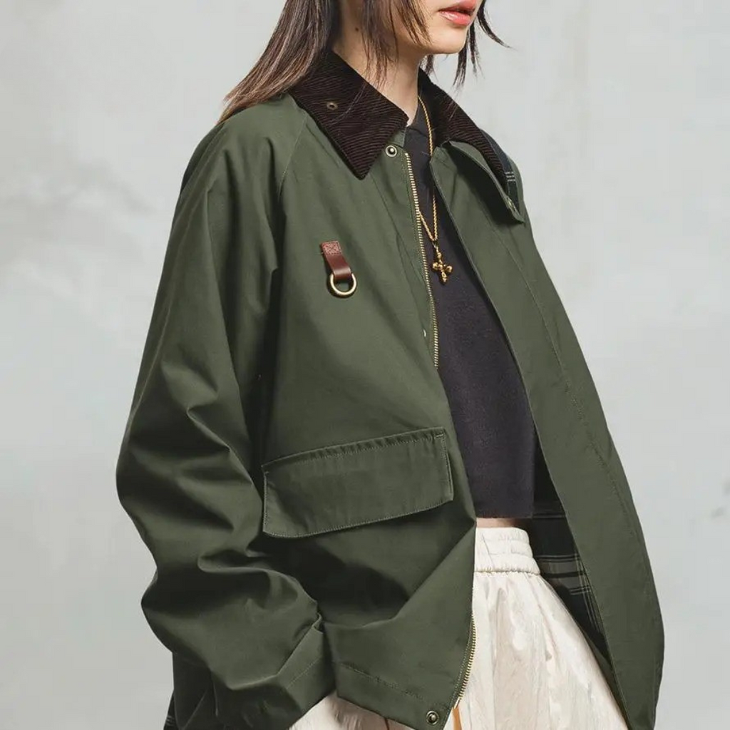 Jacke Damen Retro Grün mit Cordkragen & Reißverschluss – Highland Barn Jacket