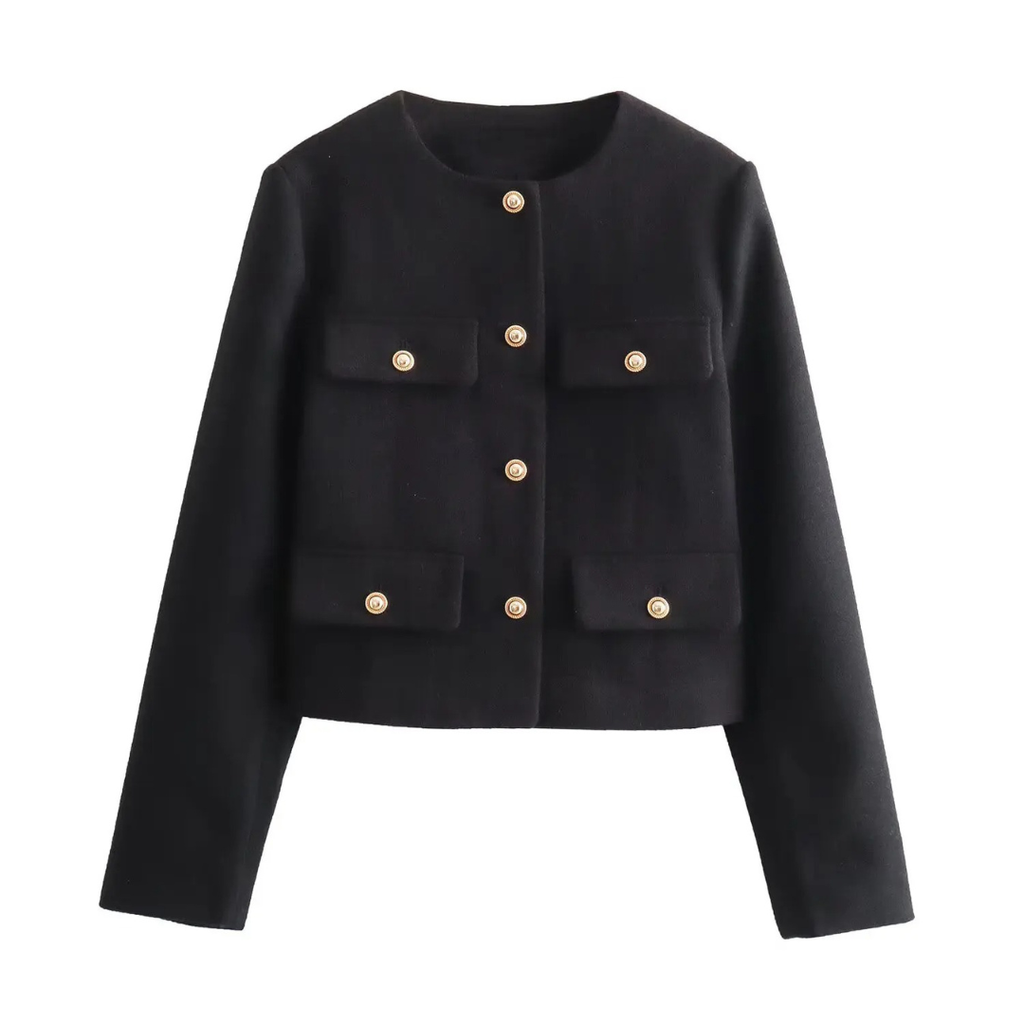 Mantel Damen mit Rundhals & Knopfdekor – BelleCéline Kurzblazer