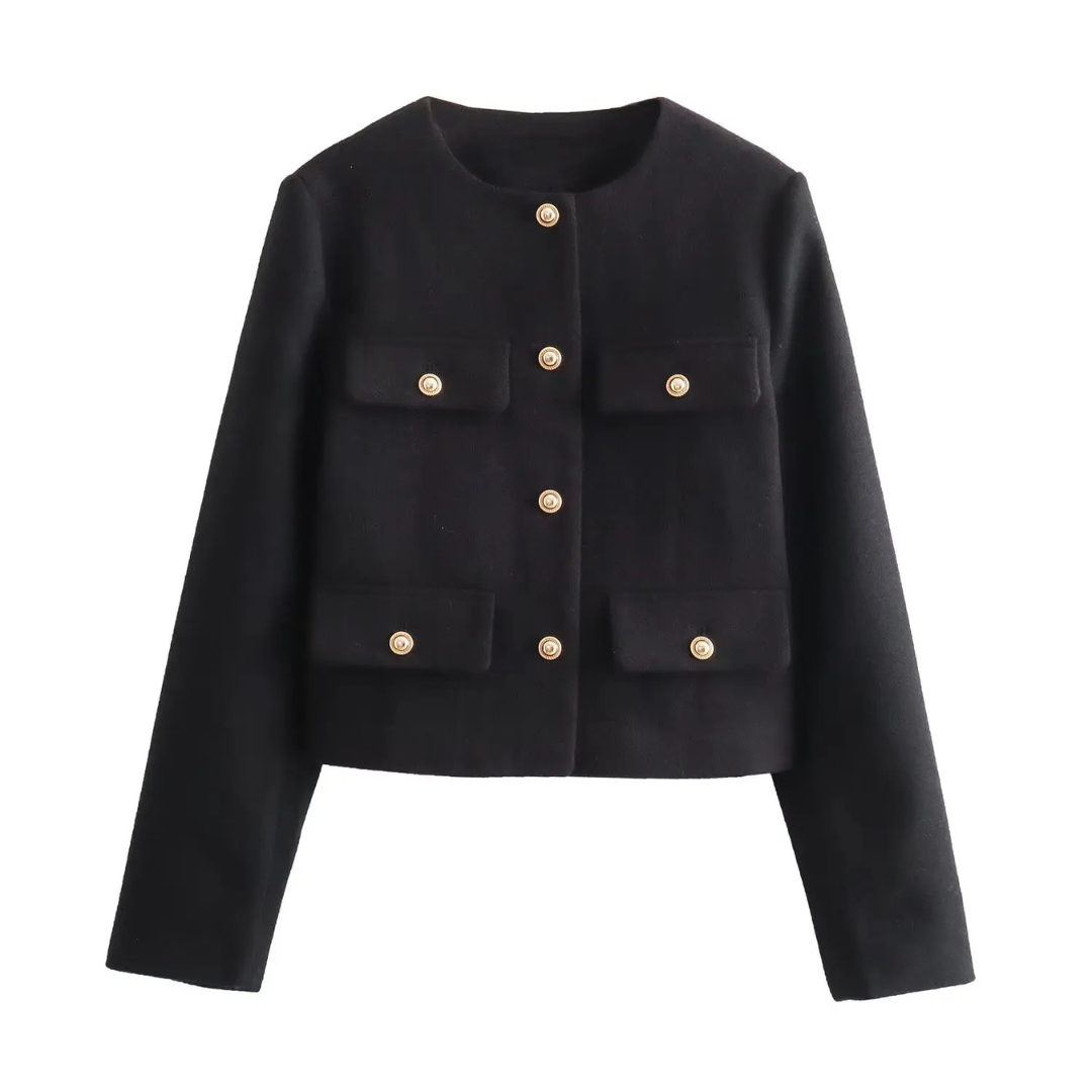 Mantel Damen mit Rundhals & Knopfdekor – BelleCéline Kurzblazer
