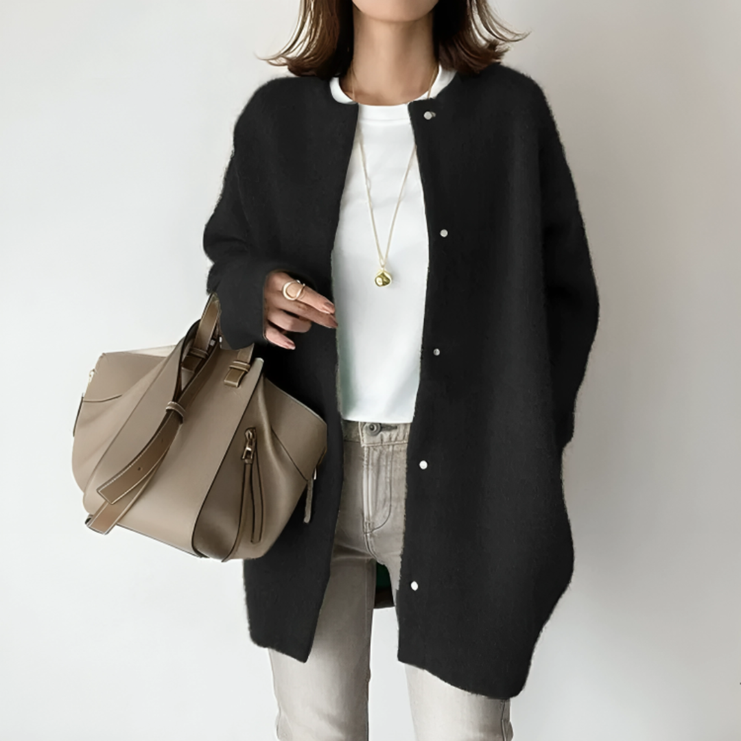 Damen langer Strickmantel – Weiche, geknöpfte Strickjacke