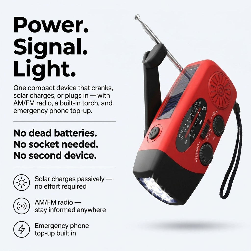 Notfall-Kurbelradio mit Solar- und USB-Aufladung sowie Taschenlampe