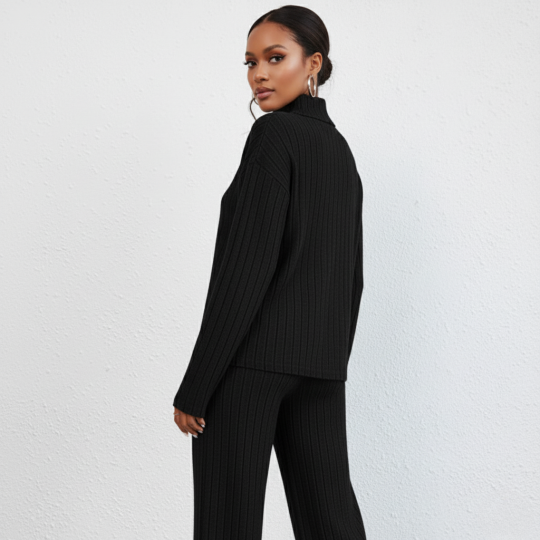 Damen Strickanzug – Zweiteiliges Set mit Rollkragen & Weitbeiniger Hose | Eleganter Lounge-Stil
