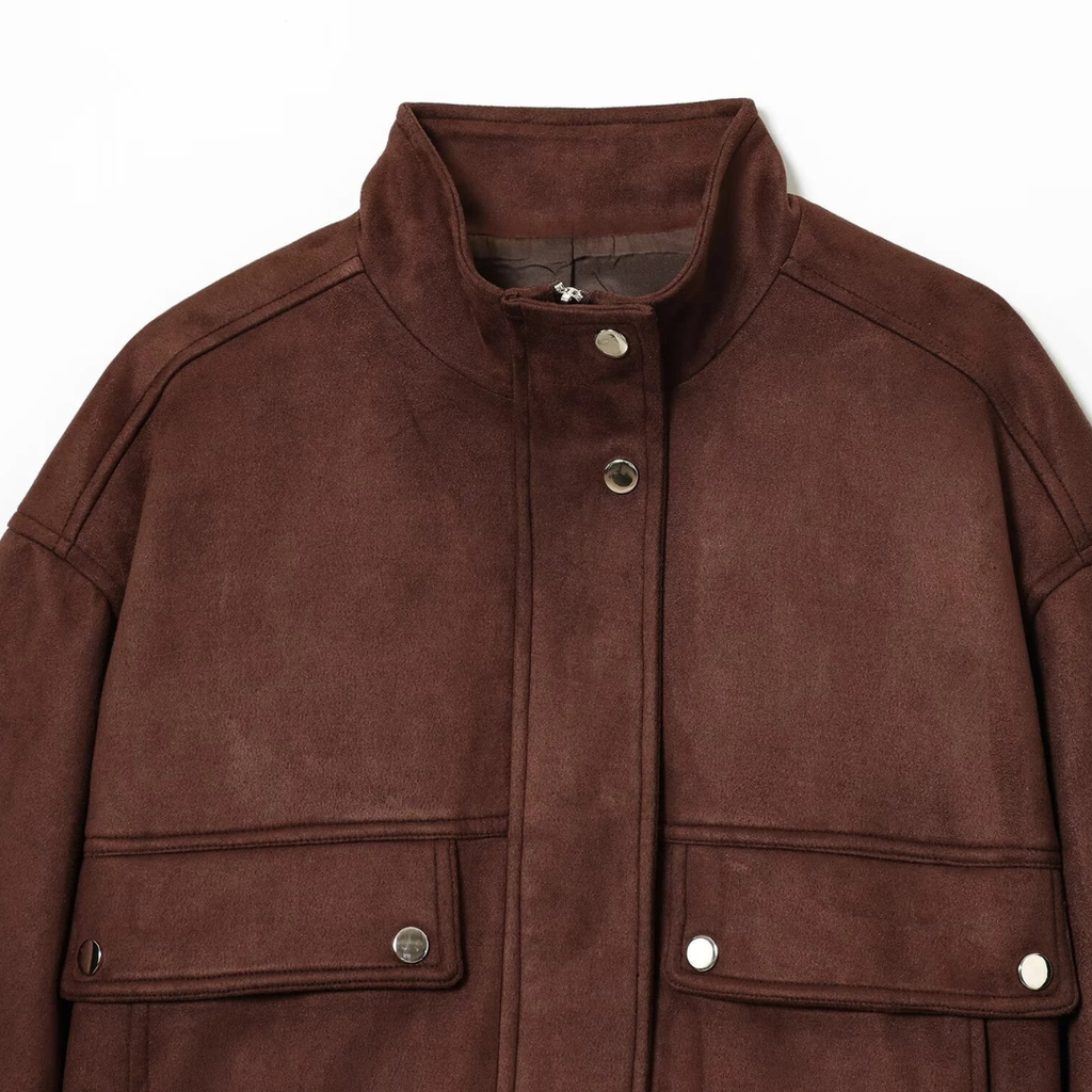 Mantel Damen mit Stehkragen & Taschen aus veganem Leder – UrbanNova Jacket