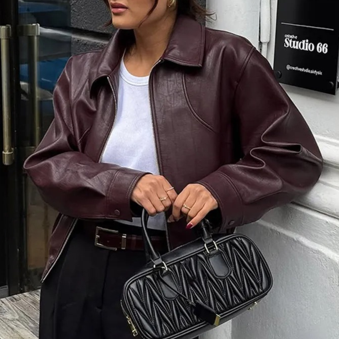 Damen Cropped Kunstlederjacke – Vintage Zip-Up Biker-Stil