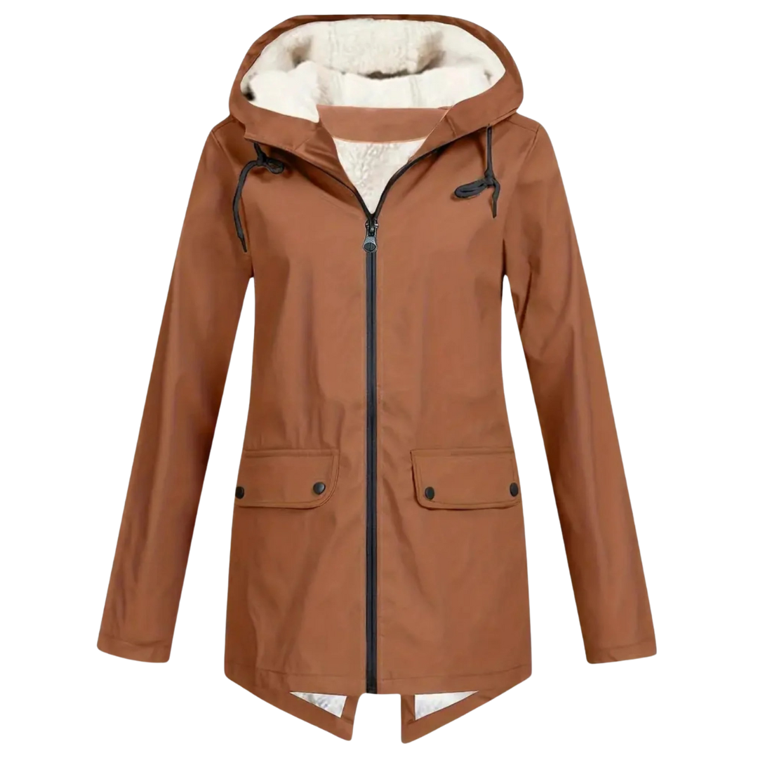 Damenmantel mit Fleece-Futter und Kapuze – Warme Winter-Regenjacke