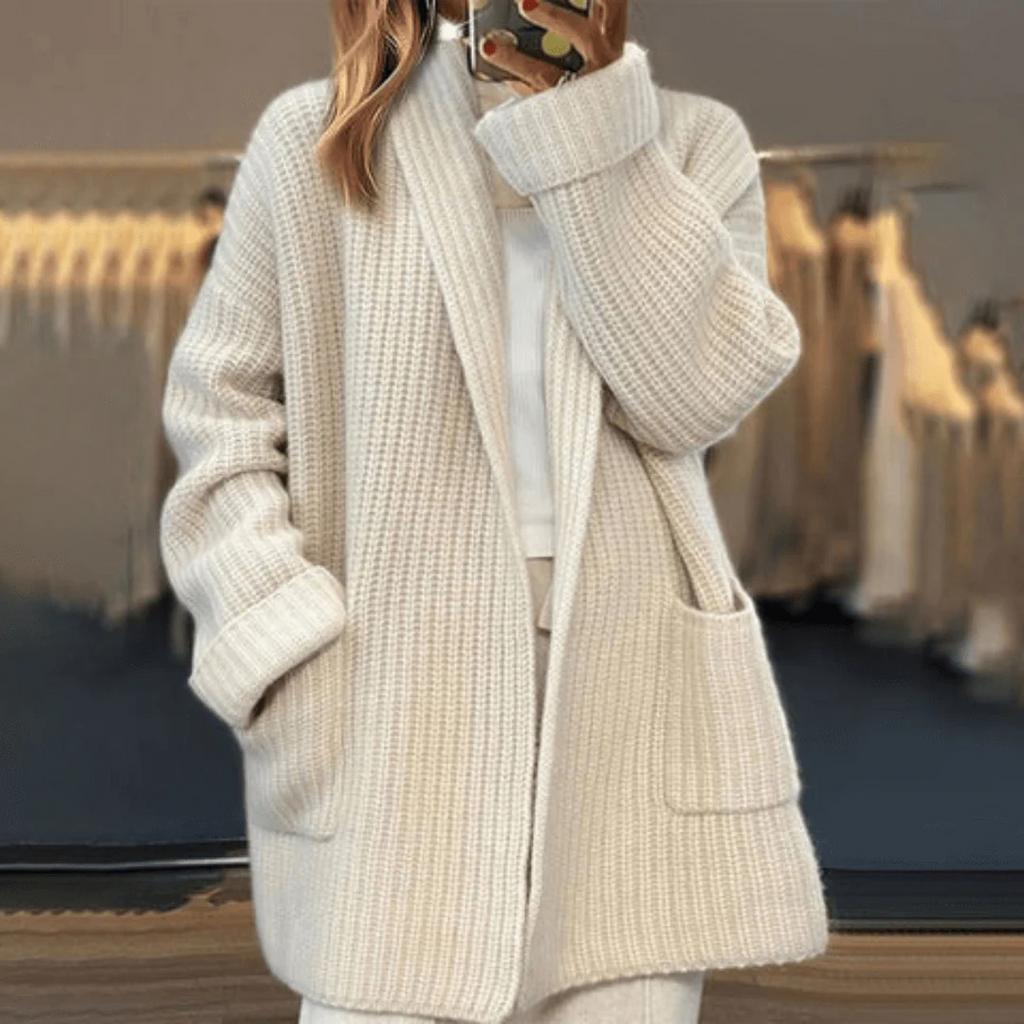 Pullover-Strickjacke lang mit elegantem Schnitt & offener Front – CozyCharm Cardigan