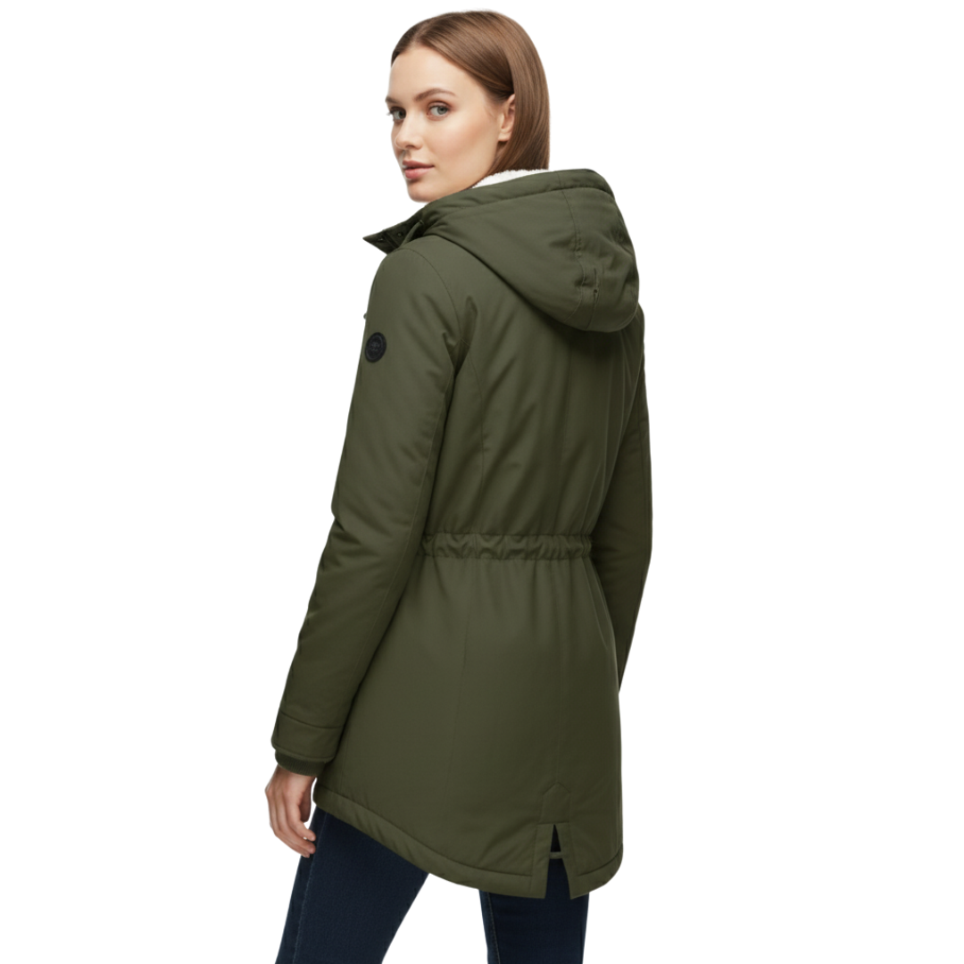 Damen Fleece-gefütterte Kapuzenjacke mit langem Schnitt – Wintermantel
