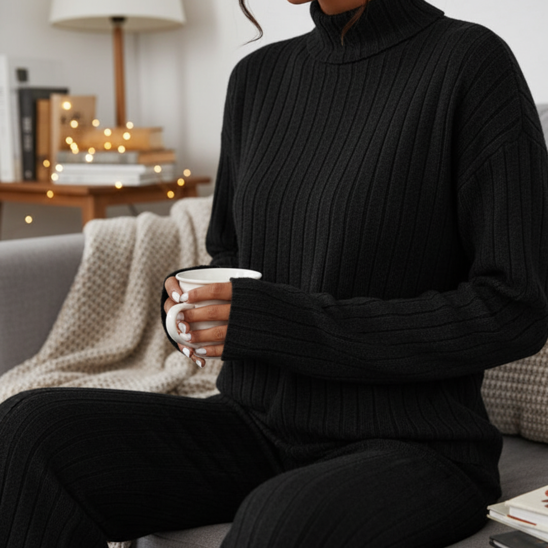 Damen Strickanzug – Zweiteiliges Set mit Rollkragen & Weitbeiniger Hose | Eleganter Lounge-Stil