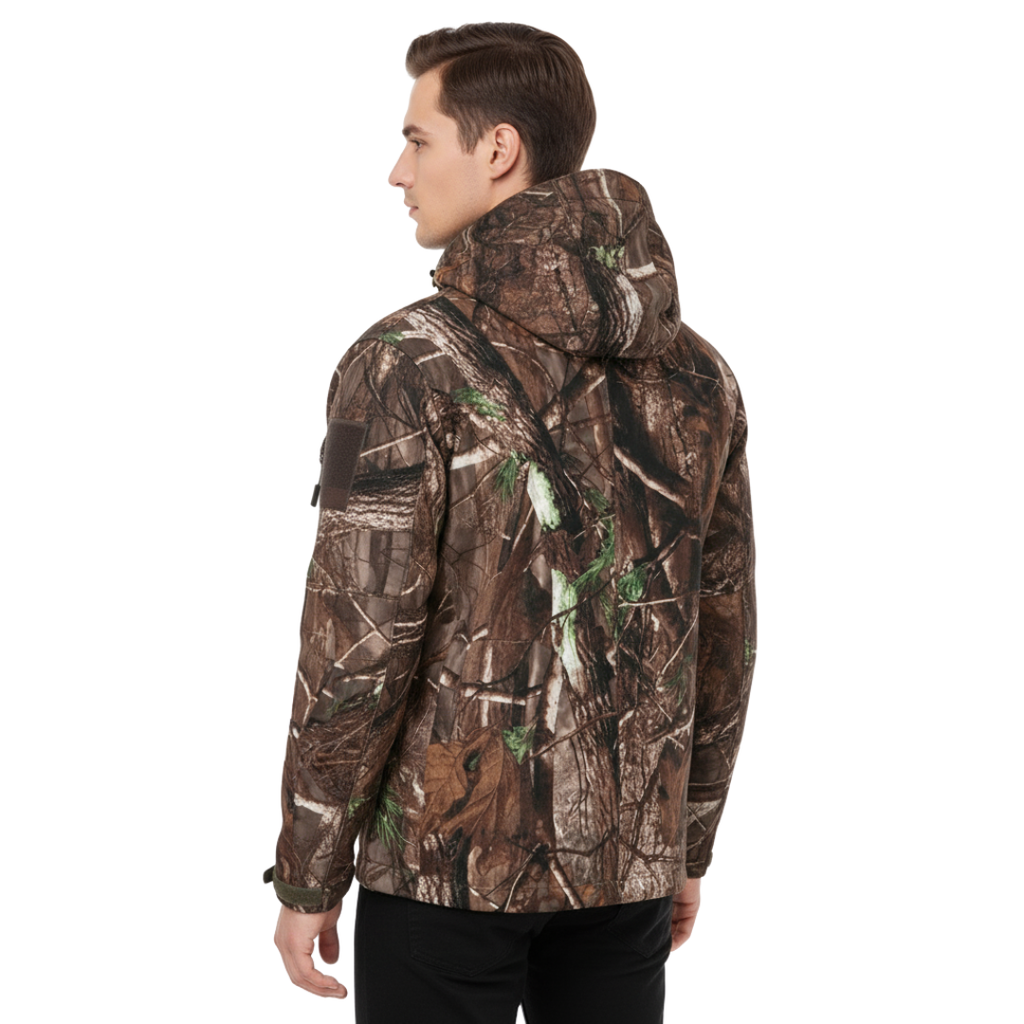 Wasserdichte Herren Softshell-Jacke in Camouflage – Winddichte Jagd-Fleecejacke mit Kapuze