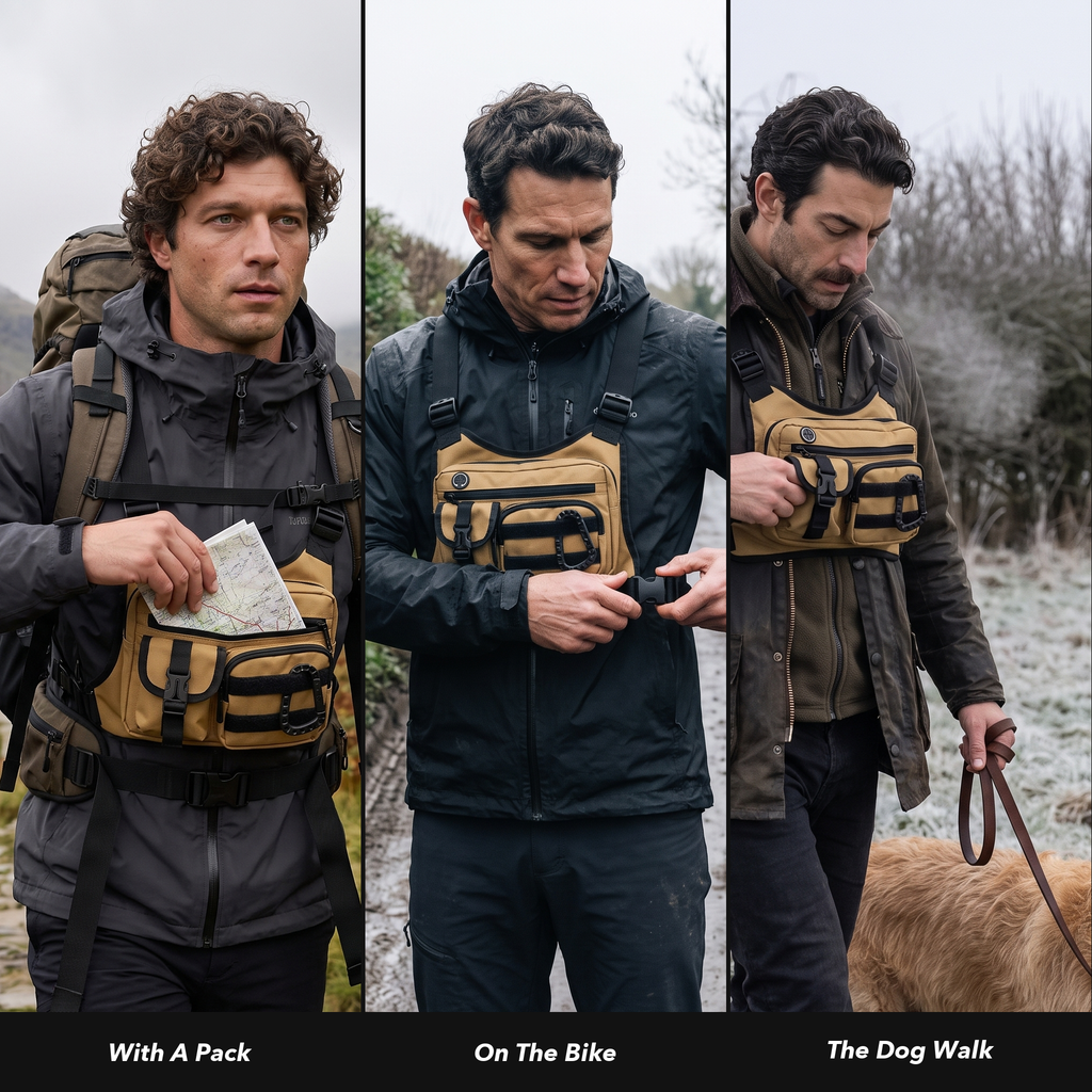 Herren Brusttasche – Multi-Pocket Chest Rig für Wandern und Gassigehen