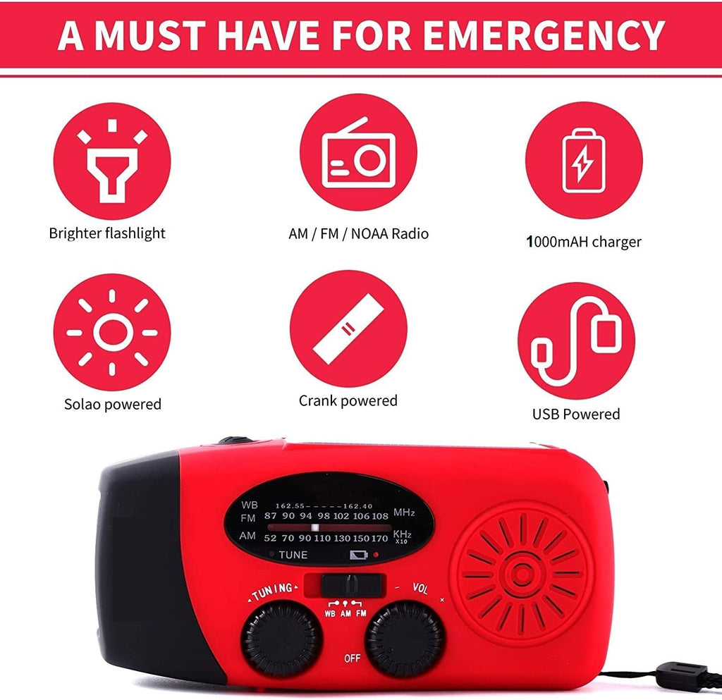Tragbares Notfall-Handkurbel-Solarradio – AM/FM/Wetterband, LED-Taschenlampe & 1000mAh-Powerbank