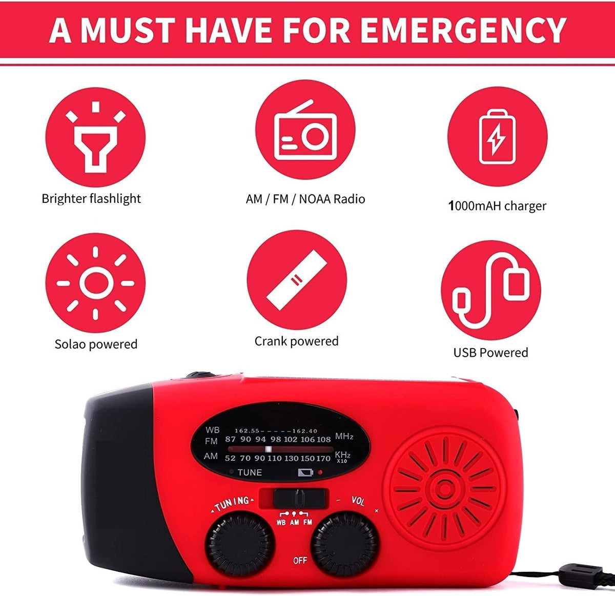 Tragbares Notfall-Handkurbel-Solarradio – AM/FM/Wetterband, LED-Taschenlampe & 1000mAh-Powerbank