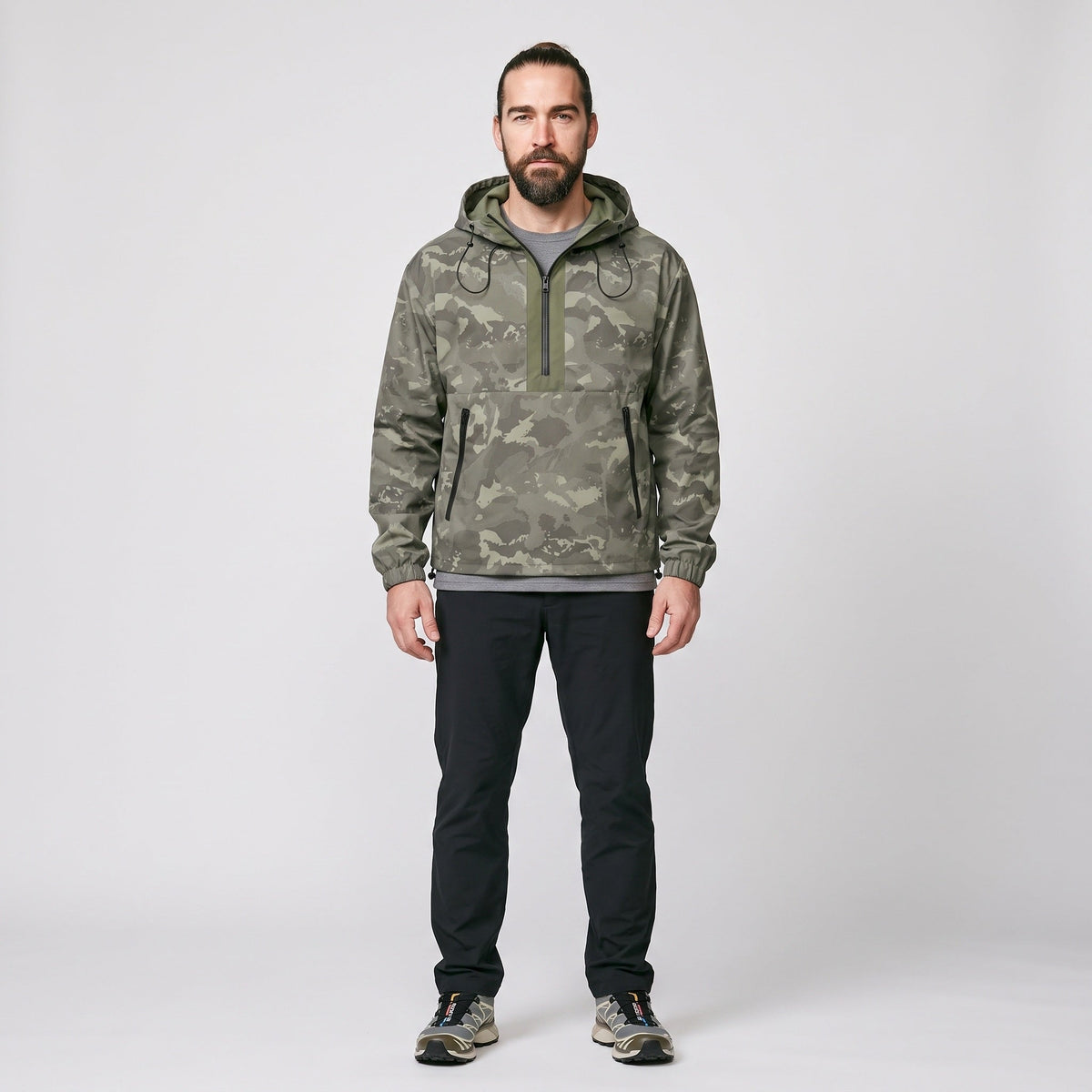 Herren Camo-Windbreaker – leichter Anorak mit Kapuze, Half-Zip