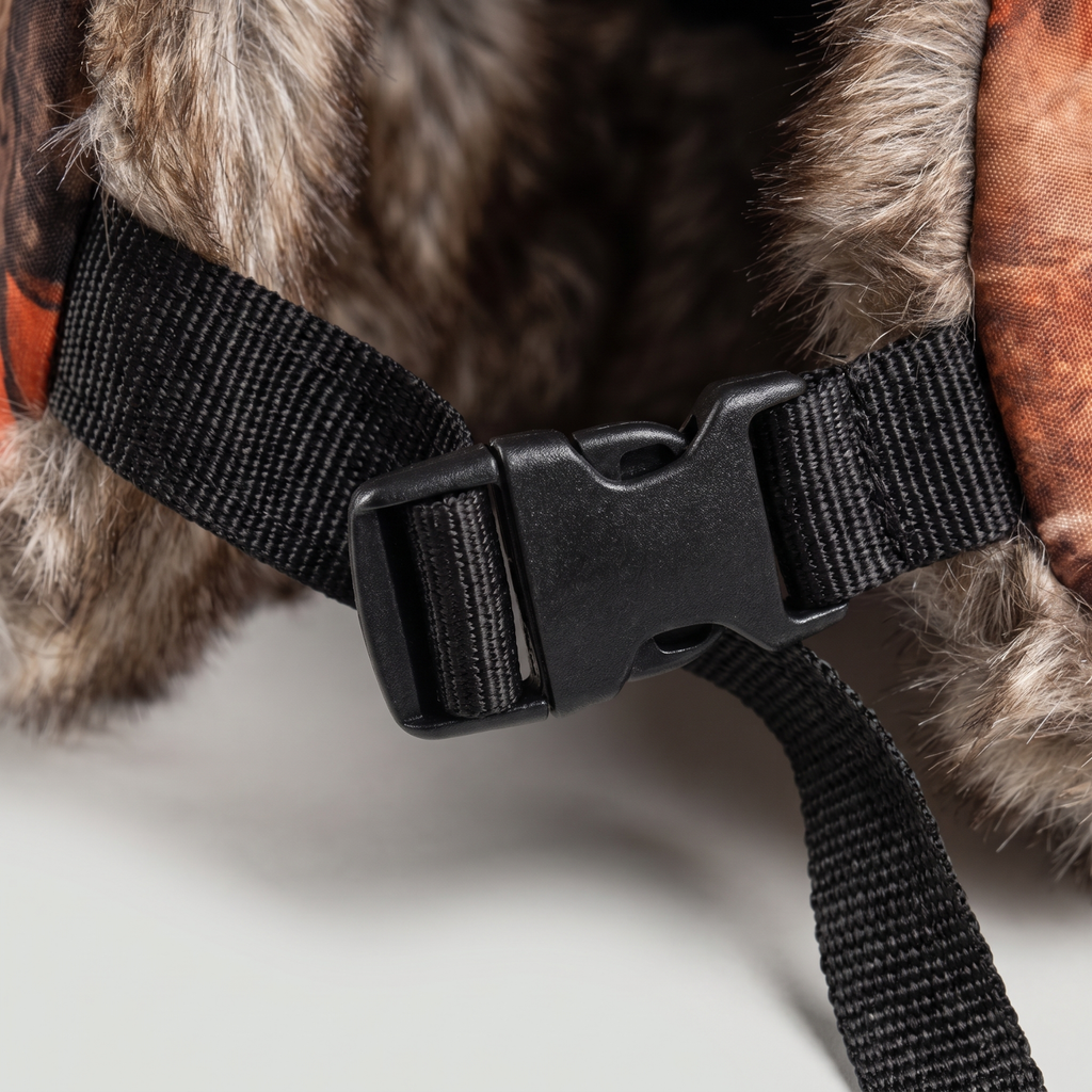 Camouflage Fellmütze – gefütterte Wintermütze mit Ohrenklappen und Kinnriemen