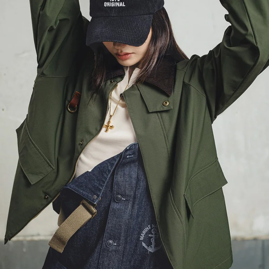 Jacke Damen Retro Grün mit Cordkragen & Reißverschluss – Highland Barn Jacket