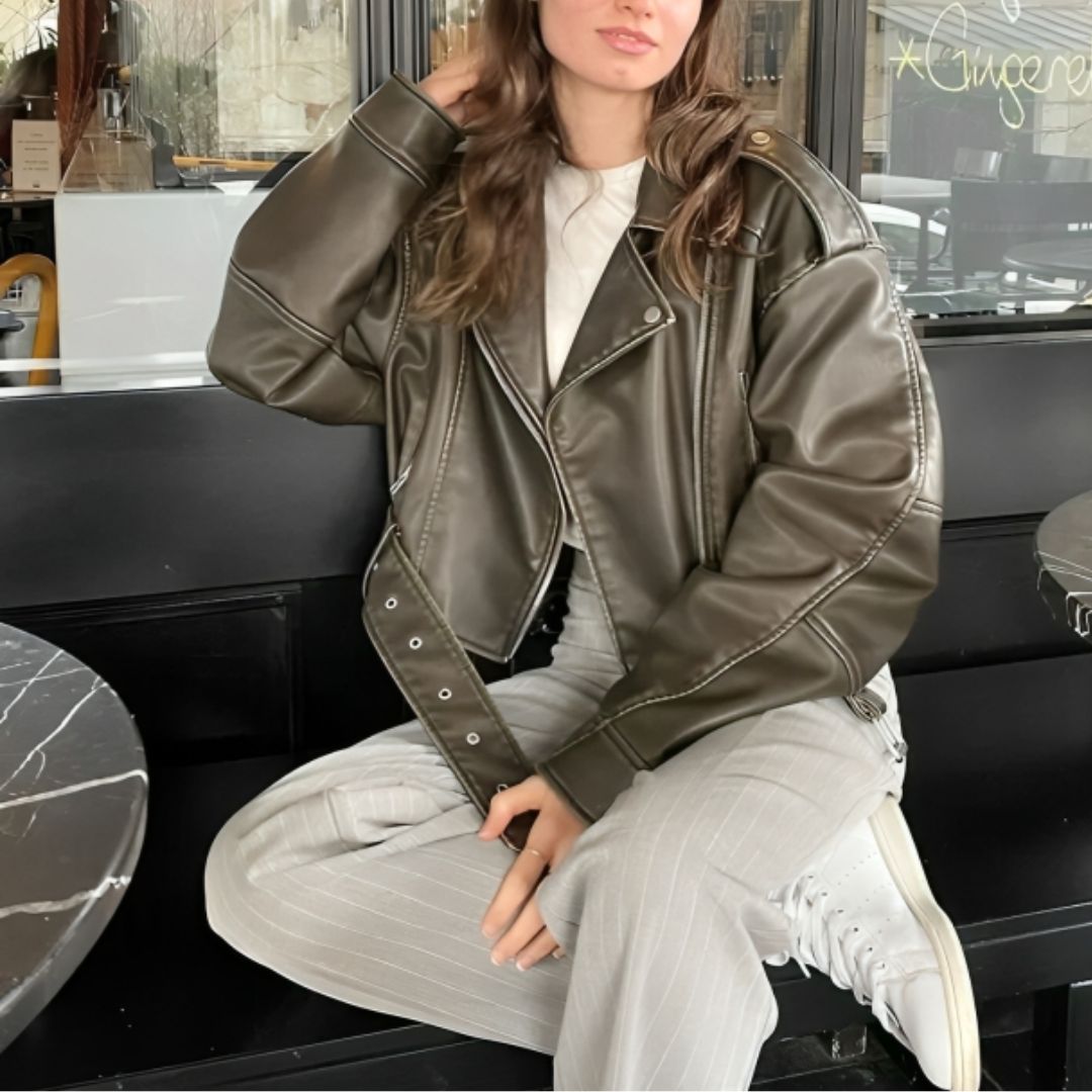 Damen Bikerjacke aus Kunstleder – Stormline Cropped Moto Jacke mit Gürtel