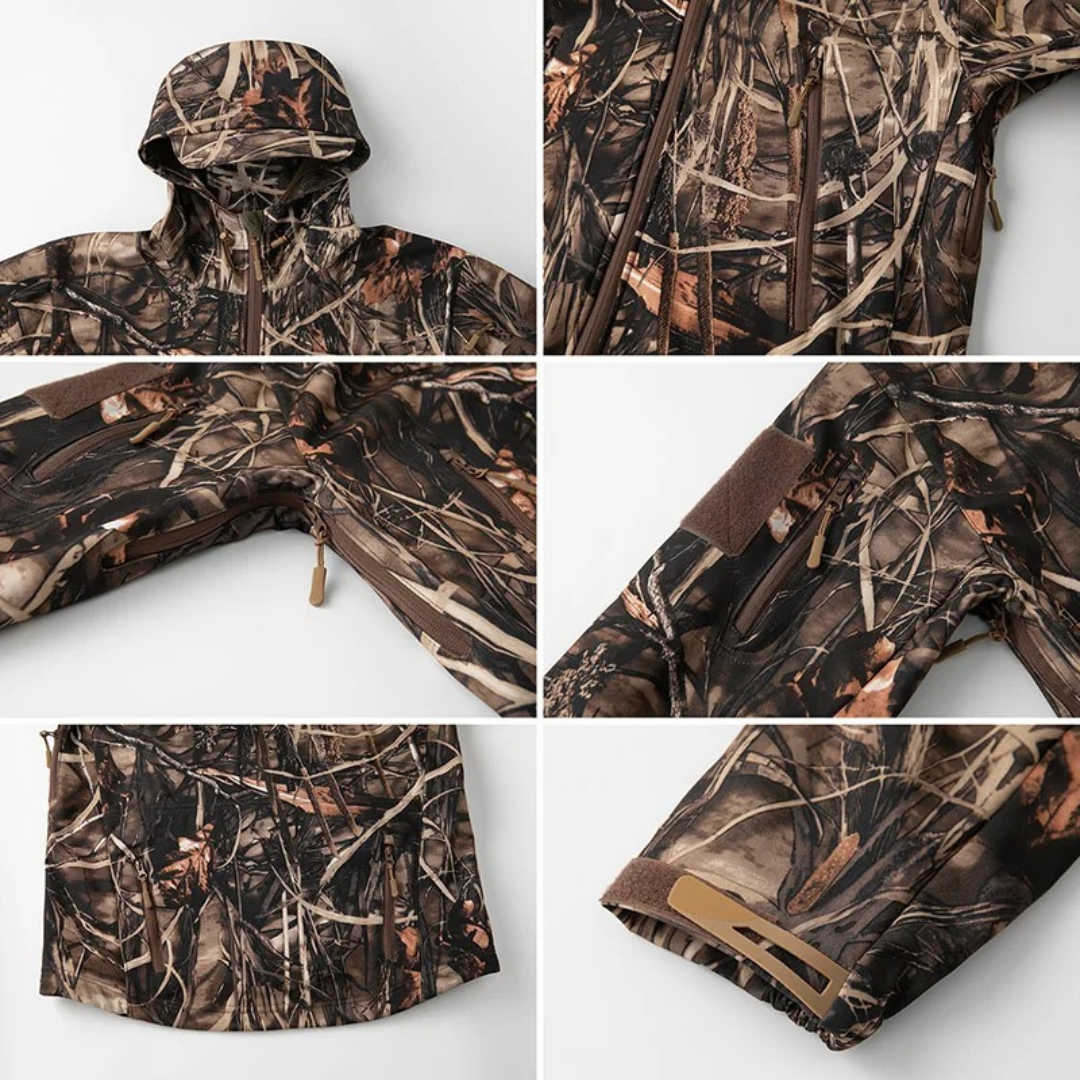 Wasserdichte Herren Softshell-Jacke in Camouflage – Winddichte Jagd-Fleecejacke mit Kapuze