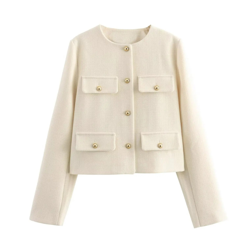Mantel Damen mit Rundhals & Knopfdekor – BelleCéline Kurzblazer
