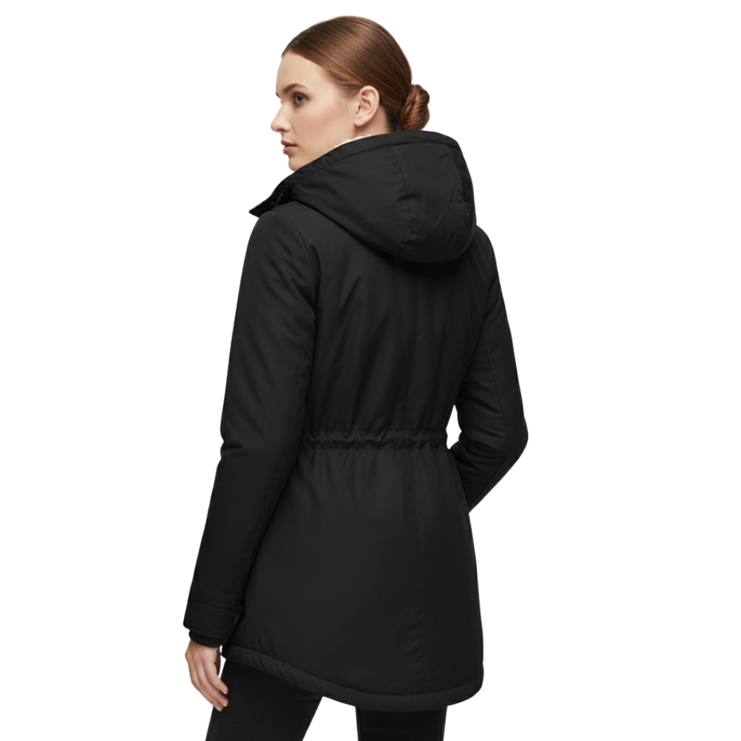 Damen Fleece-gefütterte Kapuzenjacke mit langem Schnitt – Wintermantel