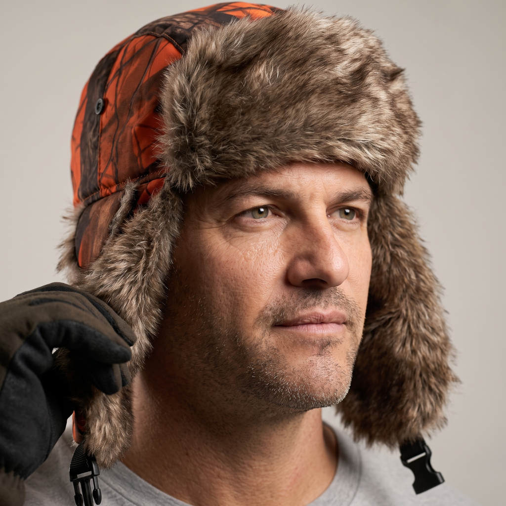 Camouflage Fellmütze – gefütterte Wintermütze mit Ohrenklappen und Kinnriemen