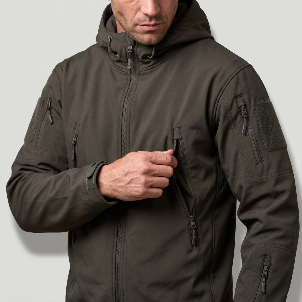 Herren Softshelljacke fleecegefüttert – Jacke im Militärstil mit Kapuze
