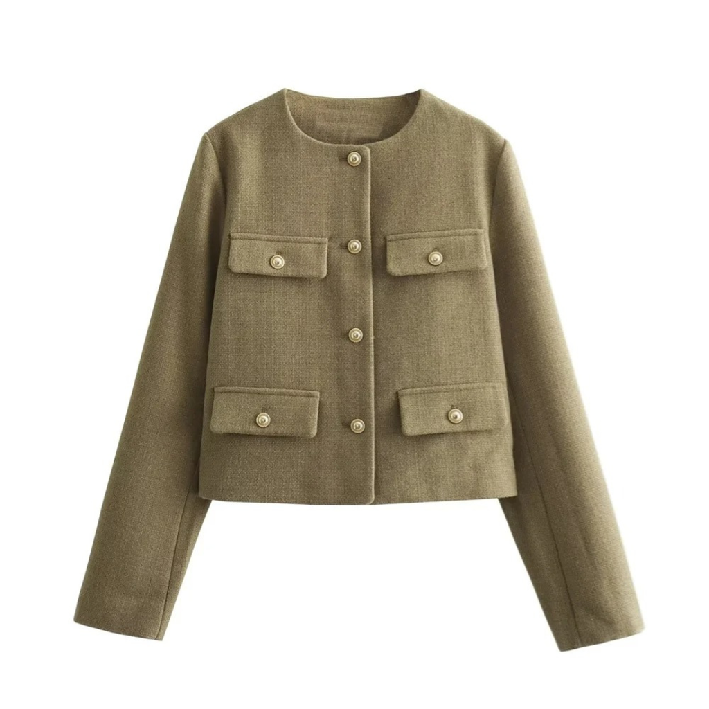 Mantel Damen mit Rundhals & Knopfdekor – BelleCéline Kurzblazer
