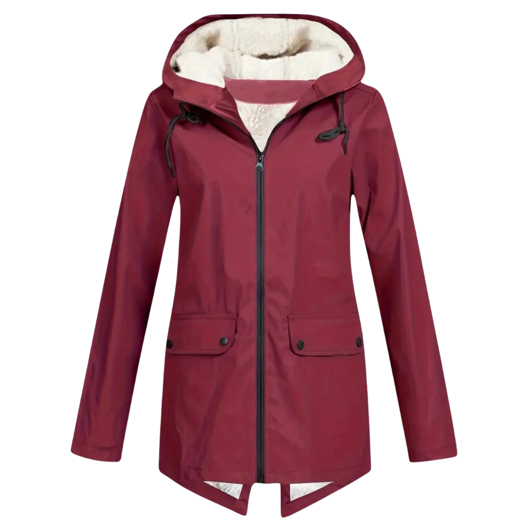 Damenmantel mit Fleece-Futter und Kapuze – Warme Winter-Regenjacke