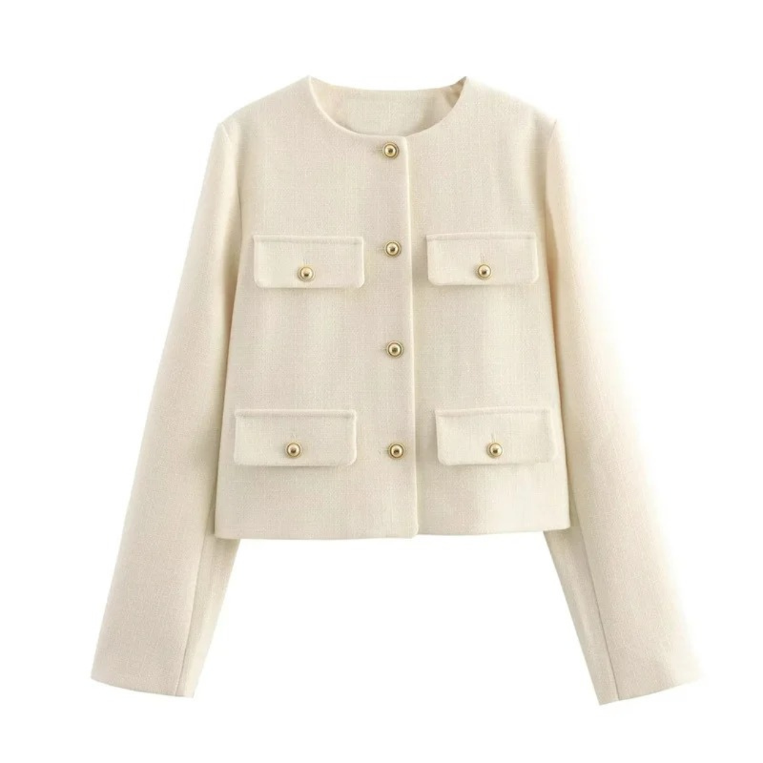 Damen Cropped Bouclé-Tweed-Jacke – Eleganter Cardigan-Blazer mit Goldknöpfen