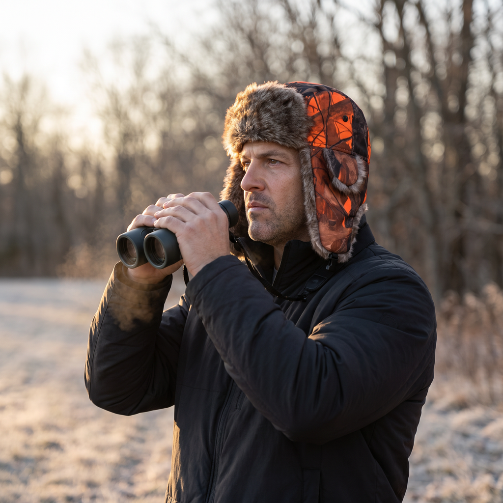 Camouflage Fellmütze – gefütterte Wintermütze mit Ohrenklappen und Kinnriemen