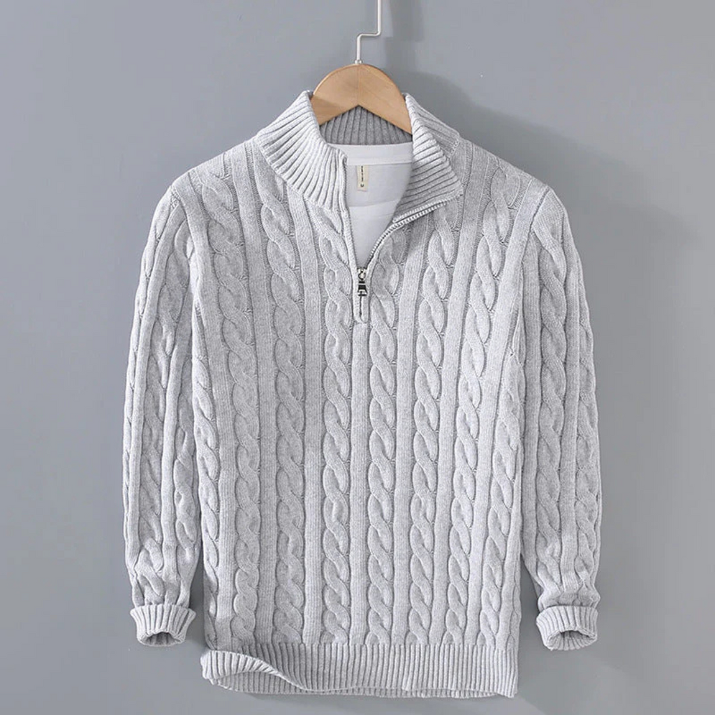 Pullover mit Zopfmuster & Stehkragen-Reißverschluss 100% Cotton – NordicClassic Knit