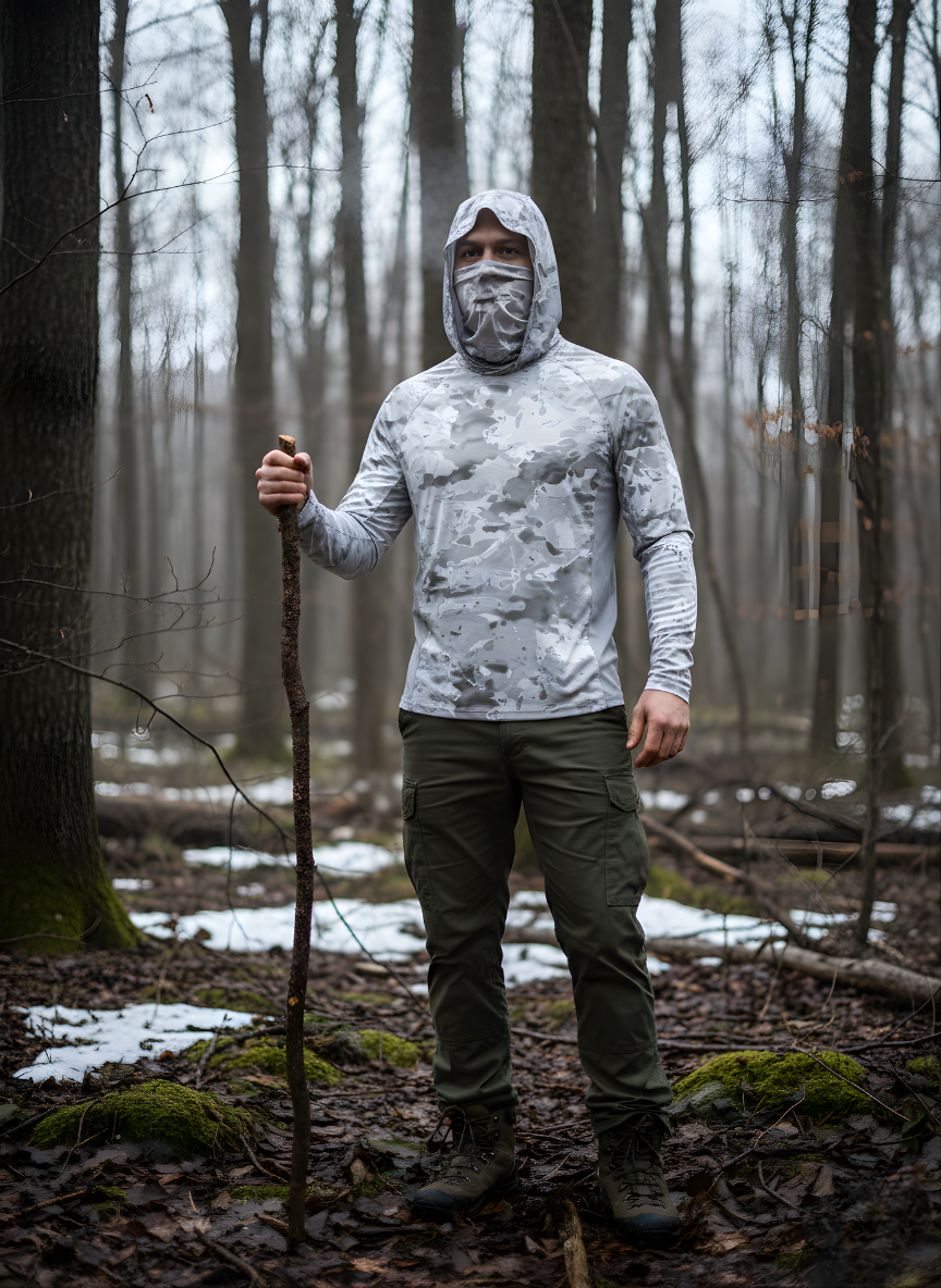 Camouflage Funktionsshirt mit Kapuze – langärmliges Outdoor-Layer mit Gesichtsschutz