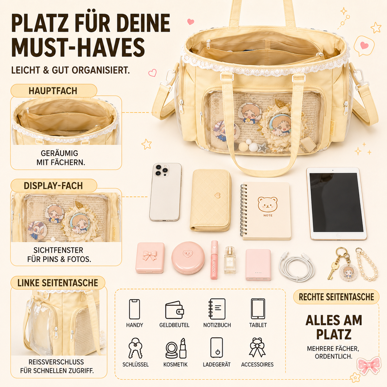 Itavelle Japanischer Itabag Mit Transparentem Display-Fenster