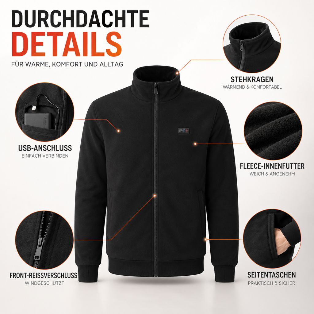 Beheizt Jacke mit 8 Heiz-Zonen & Fleece-Futter – ThermoCore Pro