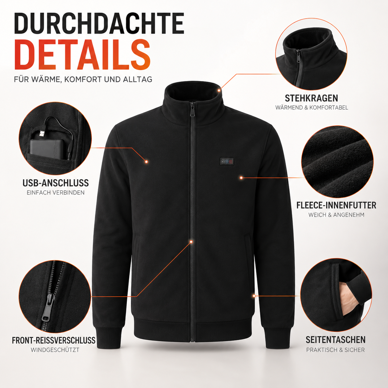 Beheizt Jacke mit 8 Heiz-Zonen & Fleece-Futter – ThermoCore Pro