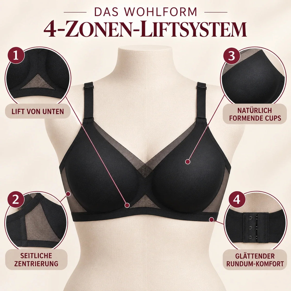 WohlForm - Der bügellose 4-Zonen-Push Up-BH für bessere Haltung