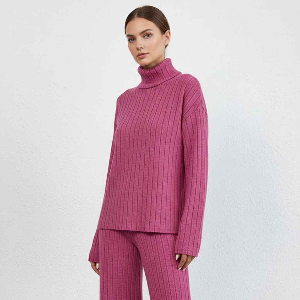 Damen Strickanzug – Zweiteiliges Set mit Rollkragen & Weitbeiniger Hose | Eleganter Lounge-Stil