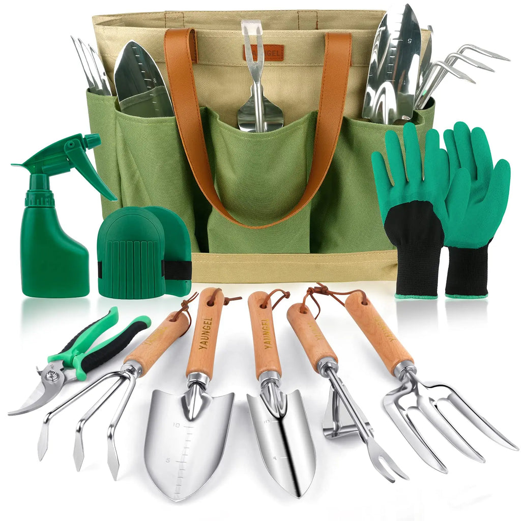 10-teiliges Gartengeräte-Set aus Edelstahl mit Holzgriffen