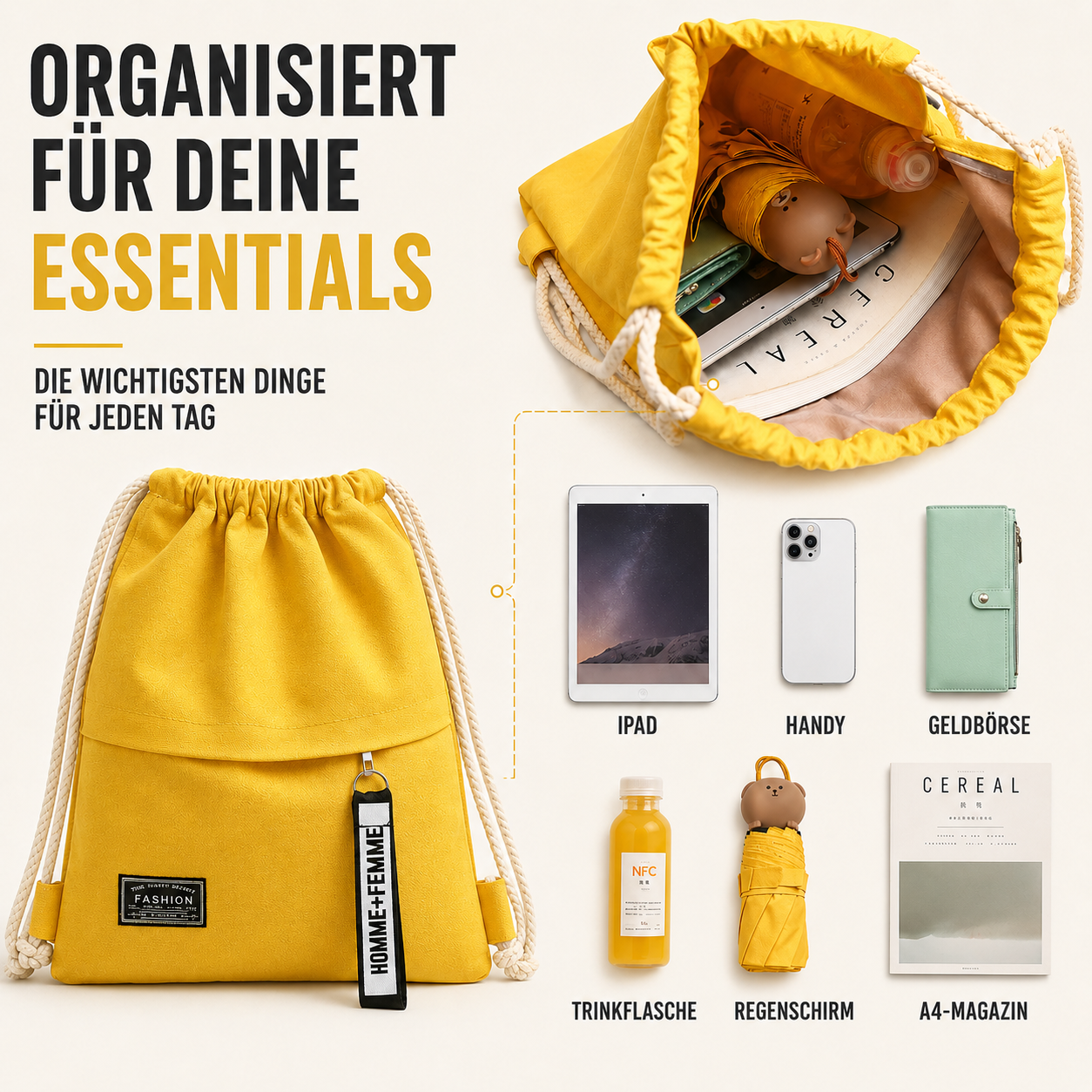 Linenovo Weiches Leinen-Zugbeutel-Rucksack