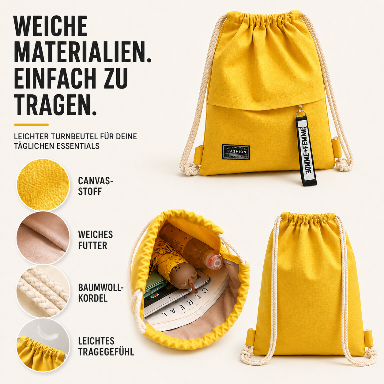 Linenovo Weiches Leinen-Zugbeutel-Rucksack