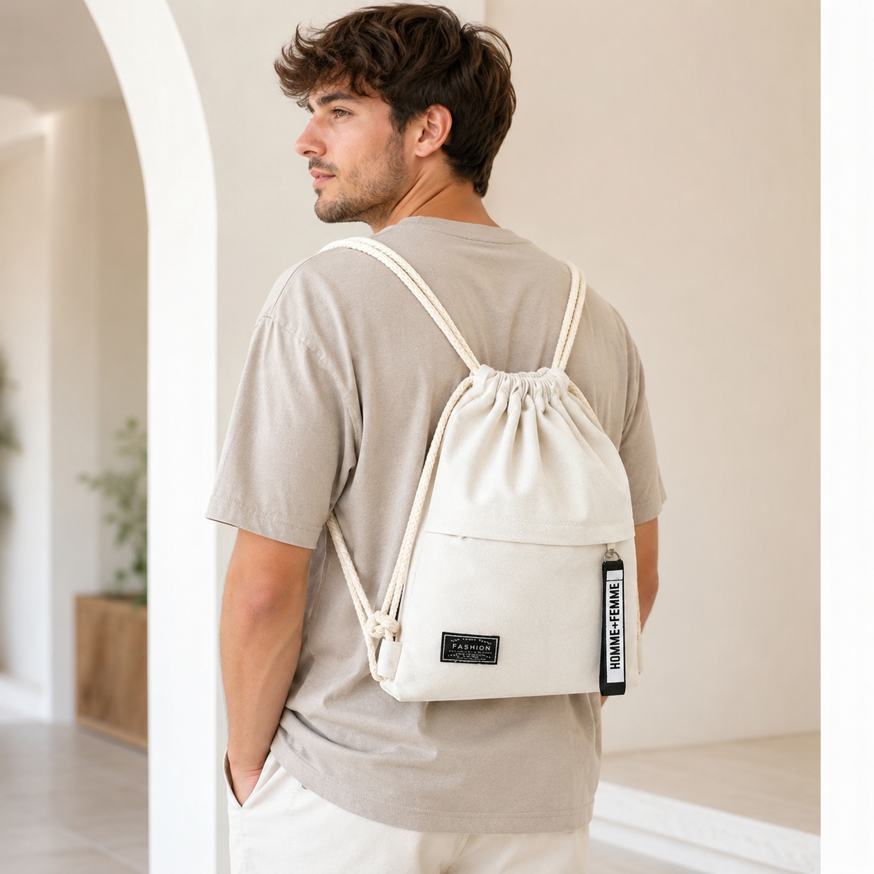 Linenovo Weiches Leinen-Zugbeutel-Rucksack
